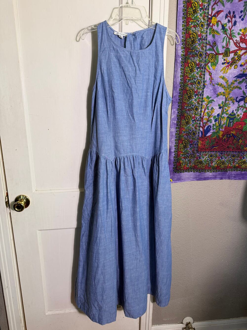 Free Assembly Chambray Maxi Dress M Blue Cotton Drop Waist Pockets Sleeveless